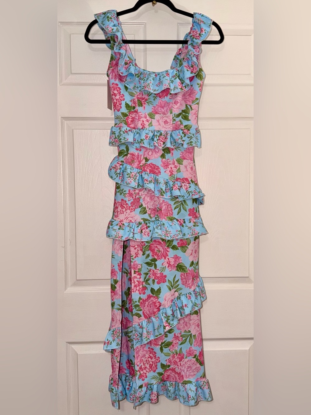 Show Me Your MuMu Blue Maxi Dress with Pink Floral Ruffles